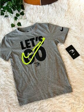 NWT Nike 'LET'S GO' Grey Tee with Neon Swoosh